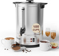 100-Cup Commercial Coffee Maker Hot Water Urn, 4 Gallon Large Capacity Hot Drink Dispenser, 1500W Quick Brew for Catering Events, Stainless Steel