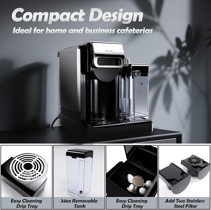 PULZO Espresso Machine with Integrated Automatic Milk Frother, capsule coffee maker for K*cup capsule/Ne*s Original/ground coffee, One Touch Latte & Cappuccino
