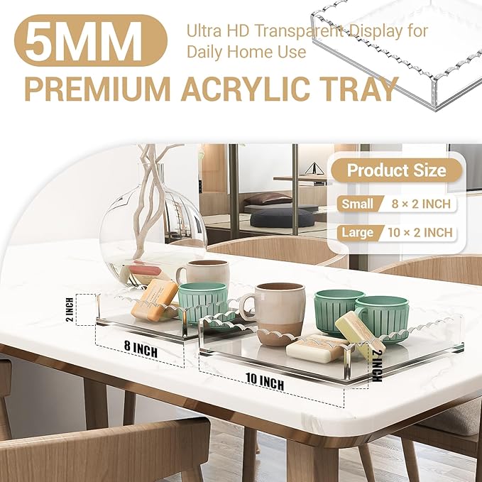 Dual-Size Scalloped Acrylic Serving Set (10"&8") w/Magnetic Panels - Clear-View Tray for Dining Tables, Non-Slip Pads Secure Plates & Glasses, Housewarming/Restaurant Gift