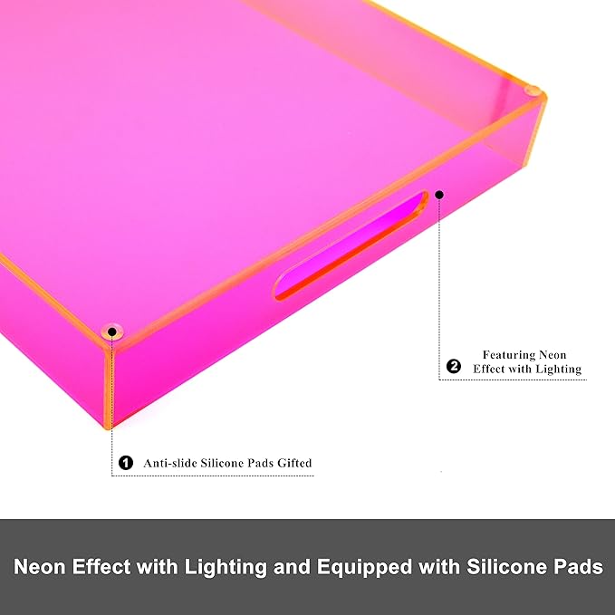 Large Acrylic Tray Ottoman Coffee Table Tray with Handles 17x13'' Decorative Serving Platter for Food Tea Dinner Snack Eating Bar Party, Neon Pink