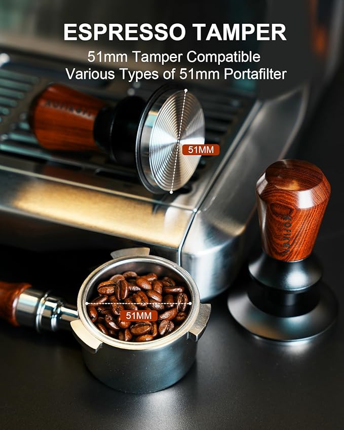 51mm Espresso Tamper, Coffee Tamper with 30lbs Spring Loaded, Barista Espresso Coffee Tamper with Stainless Steel Ripple Base and Rosewood Handle Fits for All 51mm Espresso Machines