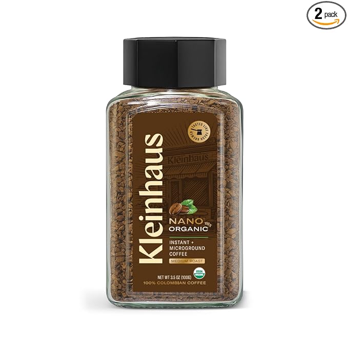 Kleinhaus Organic Medium Roast Nano Instant Coffee + Microground | 100% Colombian Arabica Coffee | Freeze dried | Fresh Brewed Taste | 3.5 oz Jar (2 Pack, Organic)