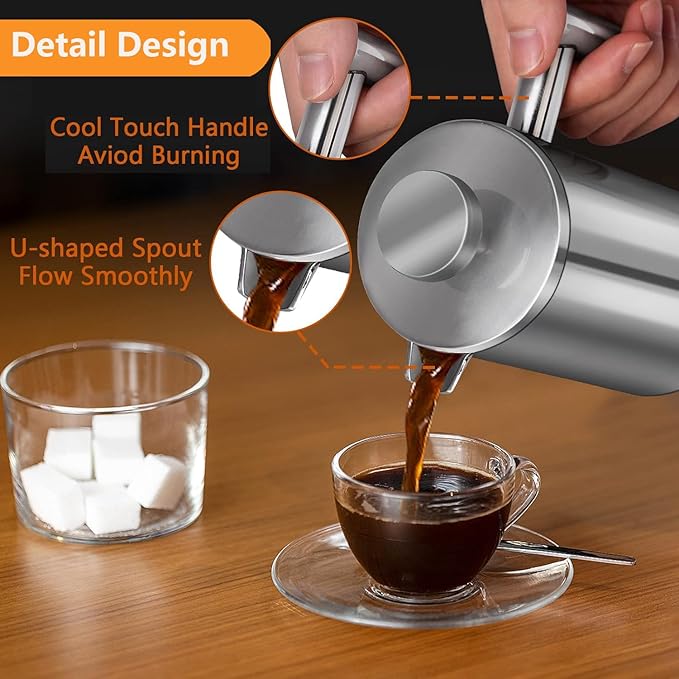 Stainless Steel French Press Coffee Maker 1500ml, Double-Wall Insulated Large French Coffee Press for travel camping，Large Capacity, （50oz, Silver）