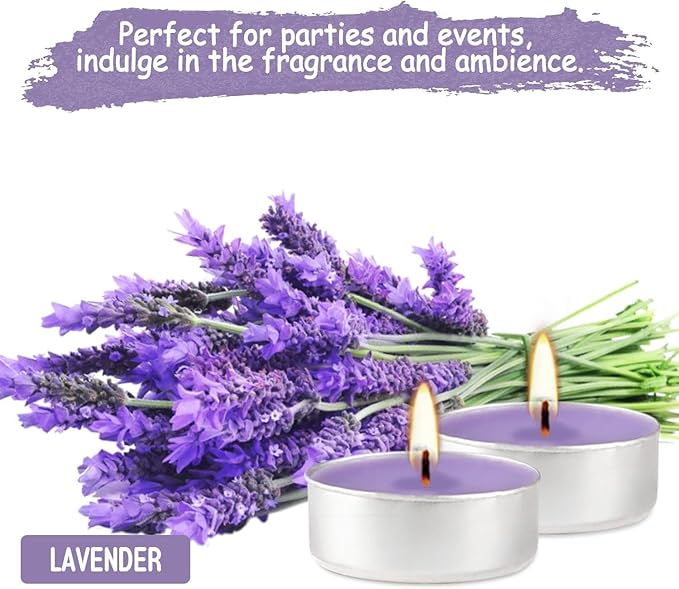 Purple Lavender Scented Tealight Candles - 4 Hours - Giant 100 Bulk Packs - Smokeless Tea Lights for Valentine's Day, Weddings,Christmas, Home Decorative