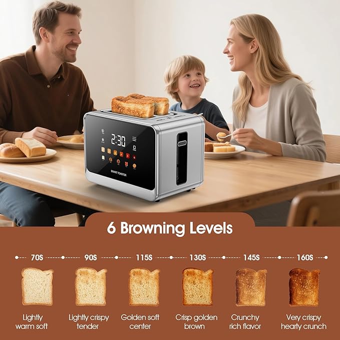 Toaster Touch Screen Toaster 2 Slice with LCD Display Stainless Steel Digital Timer Toasters 6 Bread Types& 6 Shade Settings Smart Extra Wide Slots Tostadora With Bagel Cancel,Defrost Functions