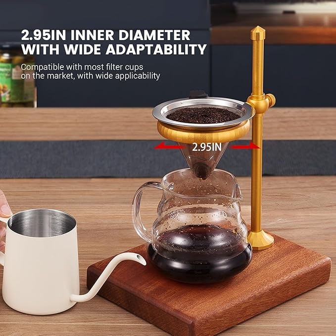Pour Over Coffee Stand, Height Adjustable Pour over Coffee Maker with Sapele Wooden Base, Paper Filters, Bronze