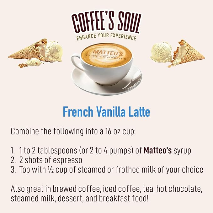 Matteo's French Vanilla Syrup for Coffee, Lattes, Cappuccinos & Desserts – Sugar-Free Sweetener for Beverages, Keto Friendly, Zero Calories, Indulgent Flavor, Non-Alcoholic, 33.8oz (1pk)