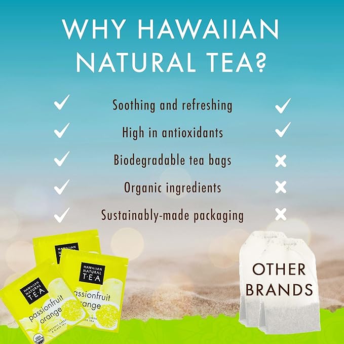 Hawaiian Natural Passion Fruit Orange Flavored Organic Tea - Tropical Fruit Green & Black Tea Blend, Perfect Daily Cup & Gift - 20 Bags