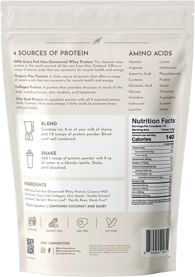 JUST INGREDIENTS Vanilla Protein Powder - Grass-Fed Whey Blend, Organic, Gluten Free - 15 Servings, 22g Protein