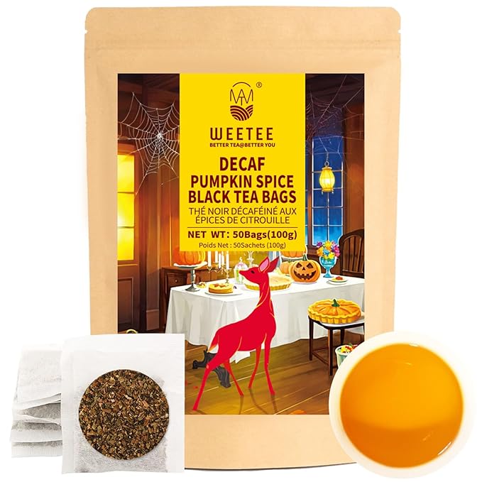 WT WEETEE Decaf Pumpkin Spice Tea, 50 Count Decaffeinated Black Tea Bags with Pumpkin Spice Chai Flavor, Warm, Spicy & Aromatic, Holiday and Fall | Halloween Tea