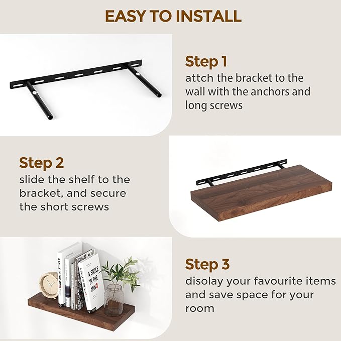 Fun Memories 55 Inch Floating Shelves for Wall, 55x9.3 Large Floating Shelf for Bedroom, Kitchen, Bathroom, Wall Mounted Rustic Wood Shelves with Invisible Bracket for Books, Decor, Walnut