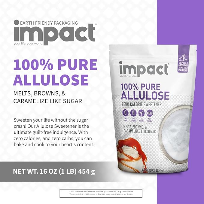 Impact - Pure Allulose Sweetener Sugar Substitute - Zero Calorie Blend, Low-Carb, For Coffee, Tea, Baking, Guilt-Free Indulgence - 1lb