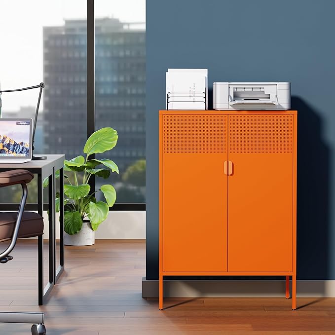 Orange 3 Tier Metal Storage Cabinet with Legs, 2 Door Metal Locker Style Accent Storage Cabinet with 2 Adjustable Shelves for Home, Office, Entryway and Hallway
