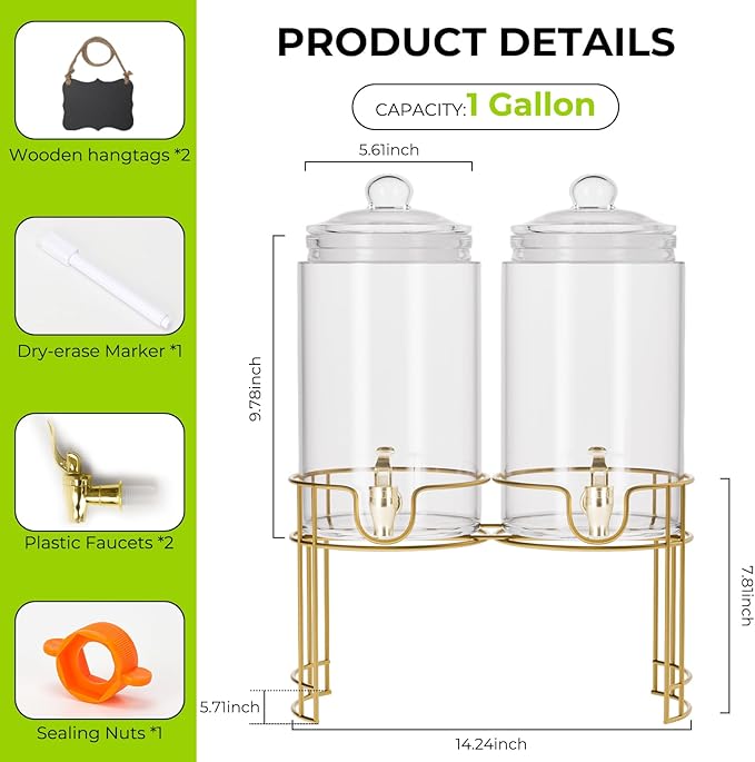Glass Drink Dispensers For Parties, 2 PACK 1 Gallon Beverage Dispenser With Lids, Gold Metal Stand And Spigot 100% Leak proof. Lemonade Dispenser With Chalk board