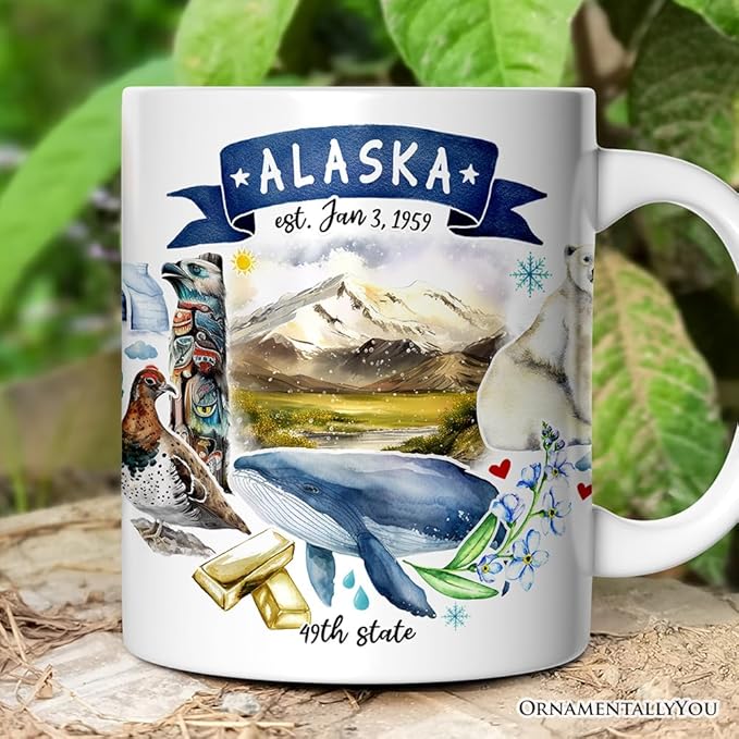 OrnamentallyYou State Travel Landmark Mugs – 12 oz Ceramic Coffee Cups, U.S. Souvenir Gift for Tourists (Artistic Alaska State Themes and Landmarks Mug)