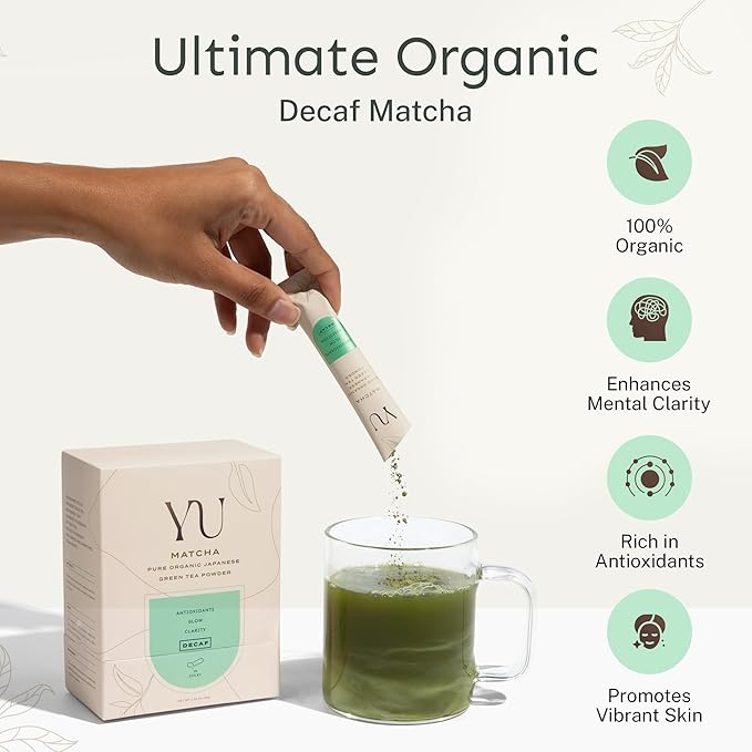 Yu Tea Organic Decaf Matcha Powder Ceremonial Grade, 30 Instant Packets | Rich in Antioxidants & L-Theanine, Low Caffeine | Unsweetened Grade A Japanese Green Tea Powder | Single Serve Sticks