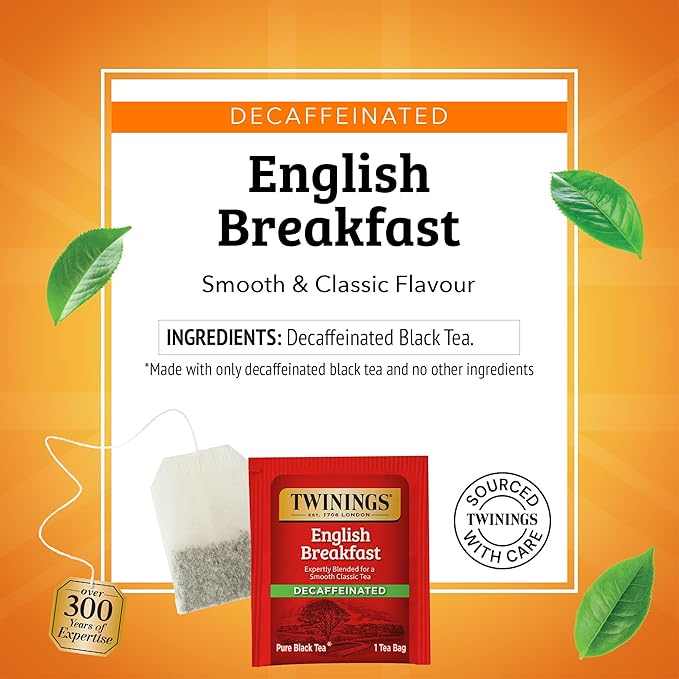 Twinings Decaffeinated English Breakfast Black Tea Bags, 50 Count (Pack of 6), Flavourful, Robust, Enjoy Hot or Iced, 300 Teabags