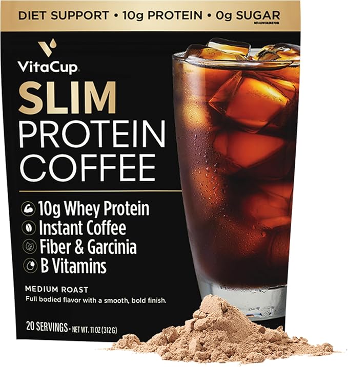 VitaCup Slim Protein Coffee Shake for Diet Support, Instant Coffee w/Whey Protein Powder, B Vitamins & Fiber, Dietitian Developed for Performance and Taste, Make as Iced Coffee or Shake, 20 Servings