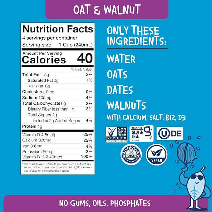 PLANTSTRONG Plant-Based Milks – Non-GMO, Plant-Based, Vegan, Gluten-Free, Dairy-Free, Lactose-Free, Shelf-Stable, No Gums or Oils (Pack of 6 (32 Fl. Oz.), Oat & Walnut w/Recipe Guide)