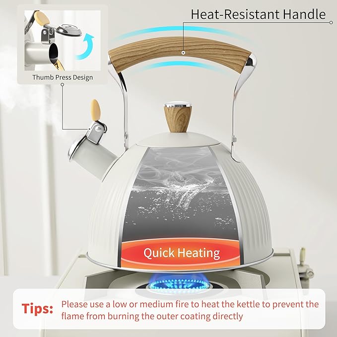 LONFFERY Tea Kettle for Stove Top, 2.5 Quart Whistling Tea Kettle, Stainless Steel and Wood Pattern Folding Handle, Creamy White