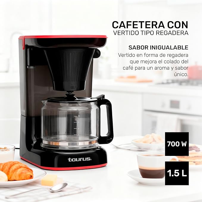 Taurus Velvet 12-Cup Drip Coffee Maker, Glass Carafe, Modern Compact Design, Non-Programmable, Easy-Clean Reusable Filter, Auto Shut-Off, Black