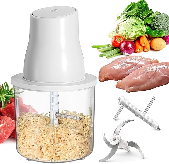 Electric Chicken Shredder, Automatic Food Chopper with Chicken Breast Shredder & Meat Grinder, 2 Sets of Blades for Chicken/Pork/fish/Vegetable/Baby Food (White)