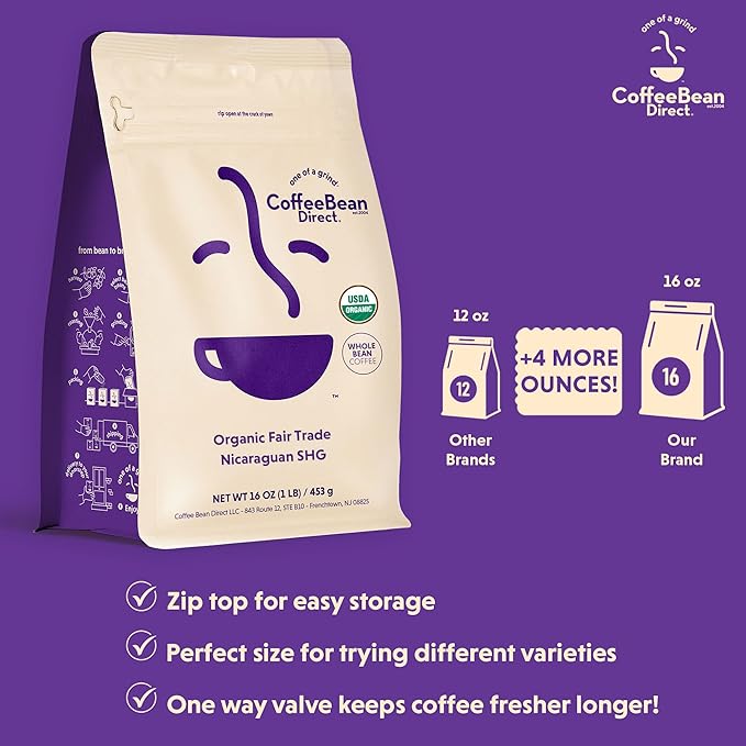 Coffee Bean Direct Organic Fair Trade Nicaraguan SHG, Whole Bean Coffee, Light Roast, 1 Pound Bag (Pack of 1)