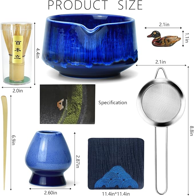 Artcome Matcha Tool Set - Complete Kit with Matcha Bowl with Spout, Bamboo Whisk, Tea Scoop, Whisk Holder, Scoop Holder, Tea Cloth & Powder Strainer, Glaze Blue