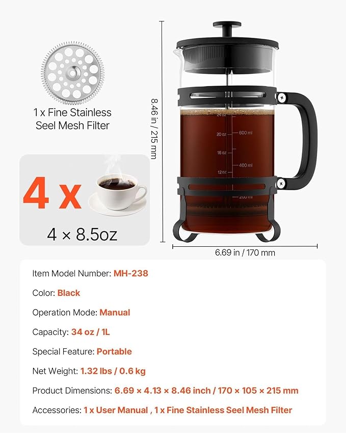 French Press Coffee Maker, 34oz 1 Liter Glass Coffee Press - Stainless Steel Filter, Cold Brew, Camping, Travel, Home, Silver