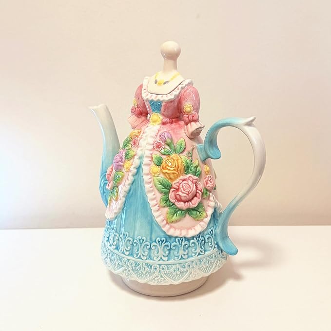 Large Ceramic Teapot and Coffee Pot with Lid, 3D Embossed Victoria Pink Rose Flowers Decorative Teapot (Multicolour)