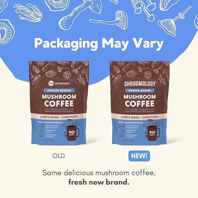 360 Nutrition Instant Mushroom Coffee with Cordyceps, Lion’s Mane Superfood Mushrooms and Ashwagandha for Cognitive Balance, Memory and Focus | Dark Roast, No Added Sugar 5 oz (Focus Blend)