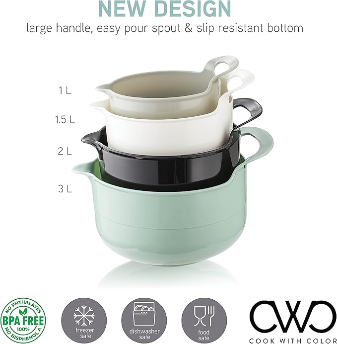 COOK WITH COLOR Nesting Plastic Mixing Bowl Set with Pour Spouts and Handles, Mint, Black and White, 4 Piece