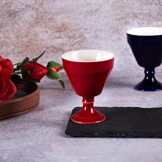 KAMMAK Tea Cup, 3oz Small Tea Cups Set of 2, Ceramic Tea Cups for Home, Tea Party, Office, Fashion Porcelain Tea Set with Short Stem, Chinese Kungfu Tea Set for Hot/Cold Drink (Red and Blue)