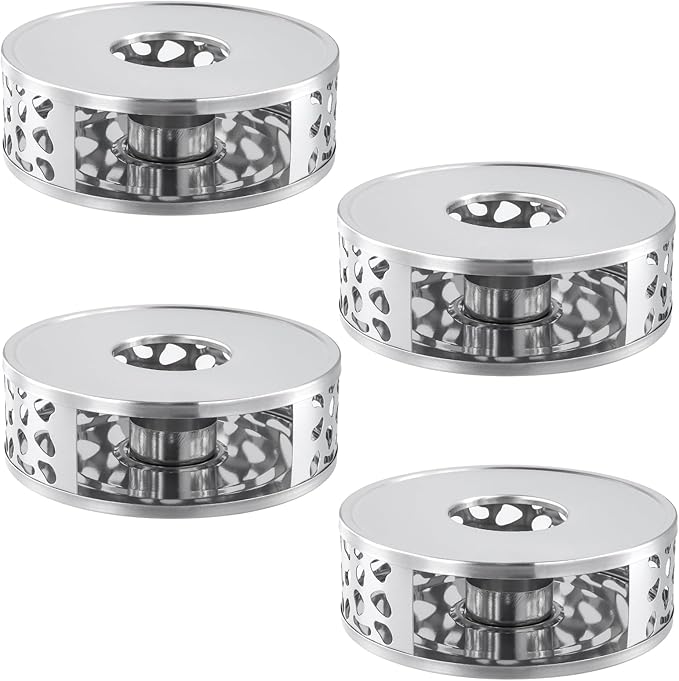4 PCS Teapot Warmer, Silver Individual Teapot Heater with Tealight Holder, 430 Stainless Steel Tea Pot Warmer Base for Living, Meeting Room