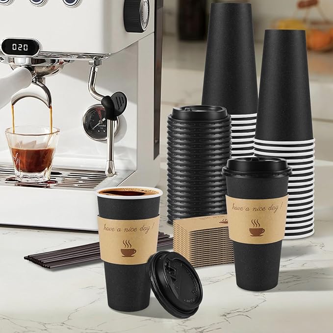 50 Pack 20 oz Coffee Cups with Lids, Disposable To Go Paper Coffee Cups with Sleeves and Stirring Sticks for Hot/Cold Drinks Office Home Shop Event (Black)