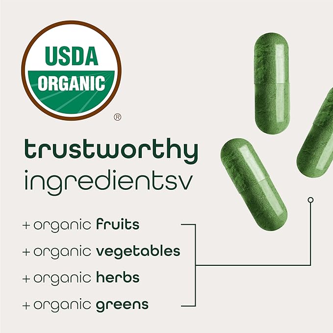 Zena Nutrition Organic Super Greens Fruit & Veggies Supplement, 70+ Superfoods from Fruit & Vegetables, Spirulina, Chlorella, Prebiotics & Probiotics, Digestive Enzymes for Gut Health, 180 Capsules