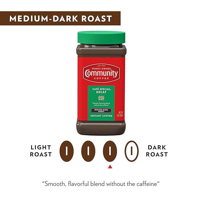 Community Coffee Cafe Special Decaf Blend Instant Coffee, Medium-Dark Roast, 7 oz Jar (Pack of 4)