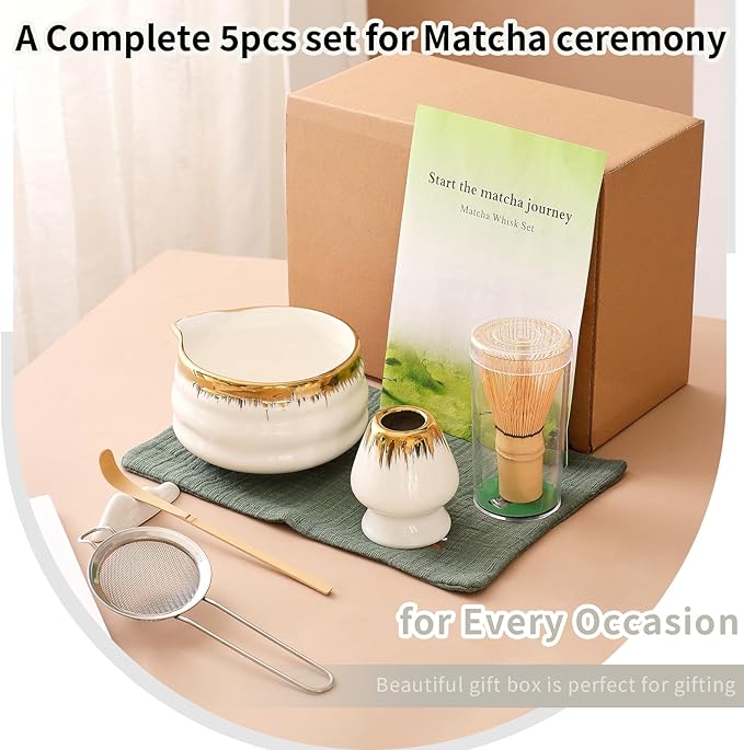 Spouted Matcha Bowl – 7-Piece Matcha Whisk Set, Golden-Textured White Porcelain Matcha Utensils, for Home Use & Matcha Enthusiasts