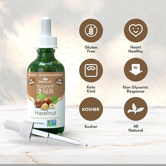 SweetLeaf Sweet Drops - Flavored Stevia Liquid Sweetener, Organic Stevia Extract, Zero Calories, Gluten Free, Keto Friendly, Non GMO, Natural Flavor, Sugar Alternative - Hazelnut, 2 Fl Oz (Pack of 2)