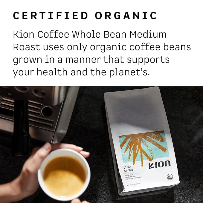 Kion Organic Whole Bean Coffee, Tested for Toxins, Ethically Sourced, Rich, Bold, and Smooth, Medium Roast 12 Oz (1 Pack)
