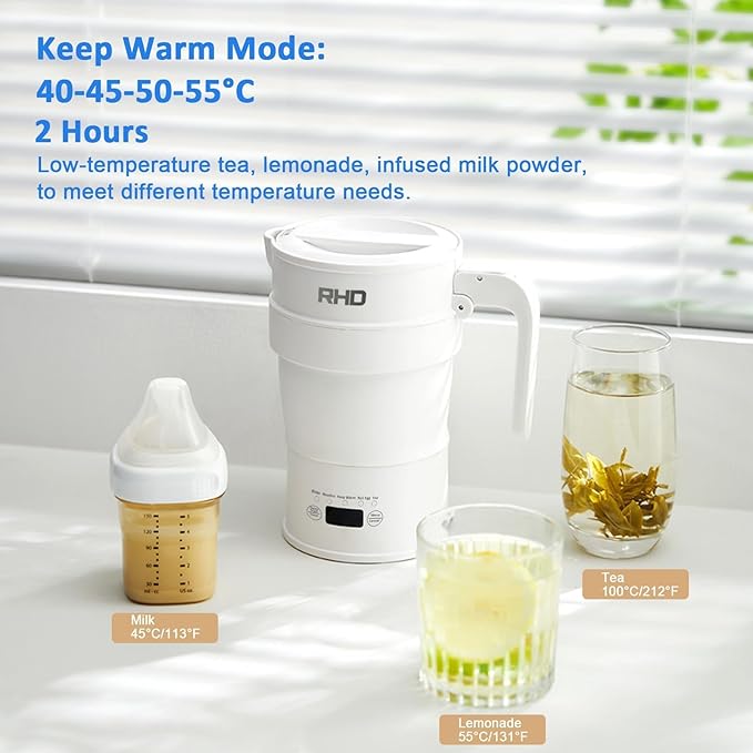 Travel Foldable Electric Kettle, 700ML Hot Water Kettle with Multifunctional Panel, Collapsible Small Boiling Water Kettle with Keep Warm & Delay Start, BPA-Free, 600W, 304 Stainless Steel, White
