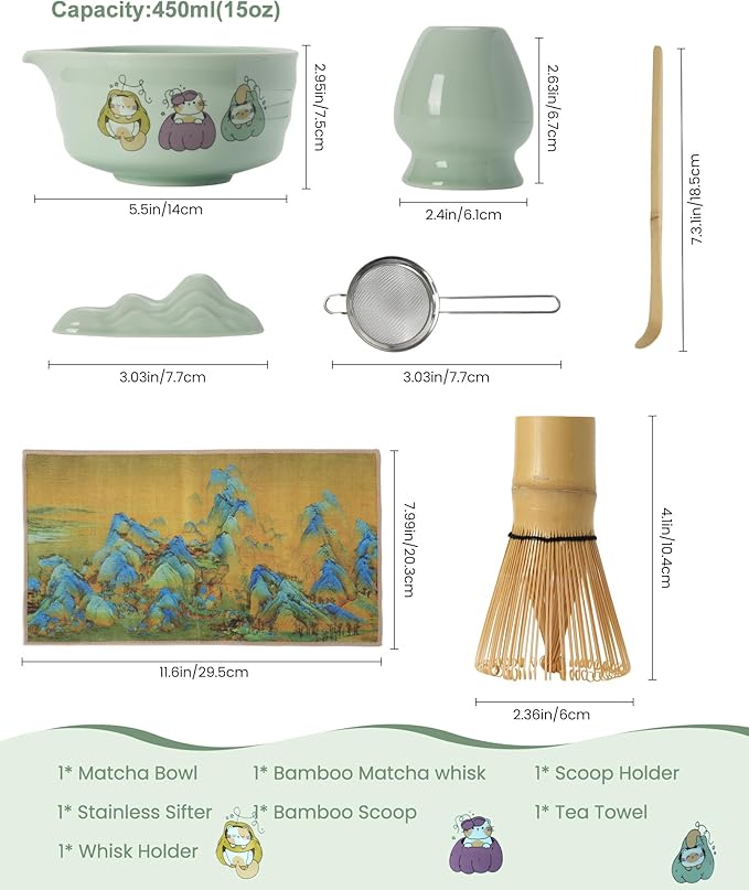 Matcha Whisk Tea Set Kit Japanese Matcha Kit - Matcha Bowl, Matcha Whisk and Holder, Bamboo Scoop, Scoop Rest, Sifter and Tea Towel - for Tea Ceremony Breakfast Lattes - Home Kitchen Christmas(Green)