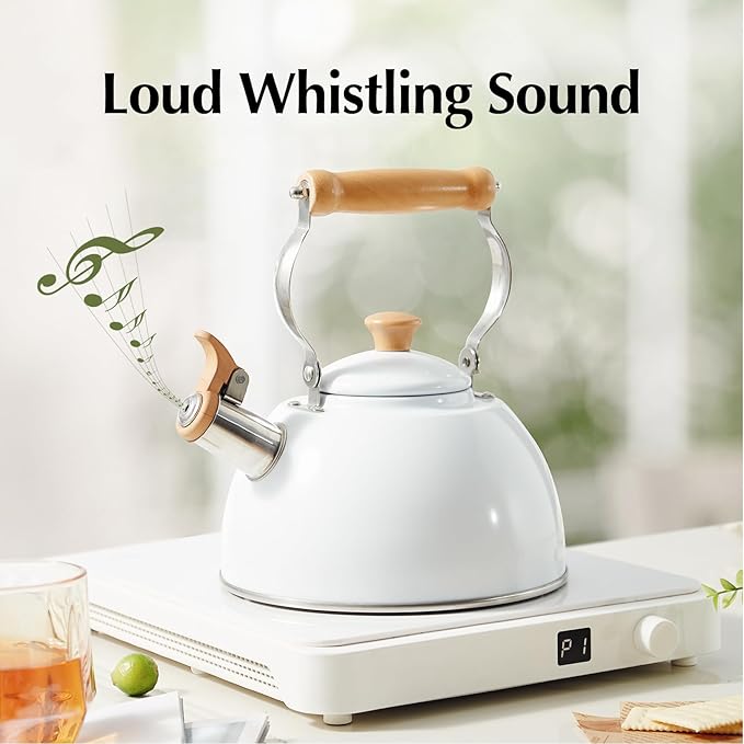 ROCKURWOK Tea Kettle, Tea Pot with Cool Touch Ergonomic Handle, Teapot Food Grade Stainless Steel, Tea Kettle Stovetop, Kettle Teapot, Whistling Tea Kettle, Small Tea Pot, 1.6 Quart (White)