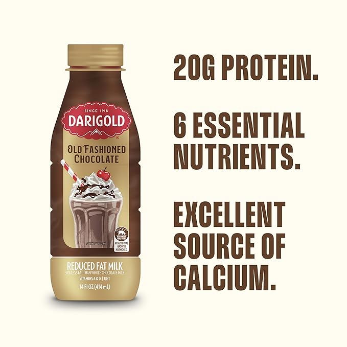Darigold Old Fashioned Chocolate Milk 2 Percent, Reduced Fat Shelf Stable Milk with Real Cocoa & 6 Essential Nutrients, 19g Protein, rsBT Free - 14oz, 12 Pack (Chocolate)
