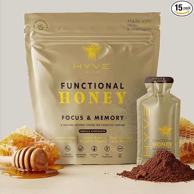 HYVE Mind Functional Honey – Focus & Memory Organic Honey with Lion's Mane Mushrooms, Raw Cacao, Bee Pollen & L-Theanine – Cognitive Support, 15 Packets