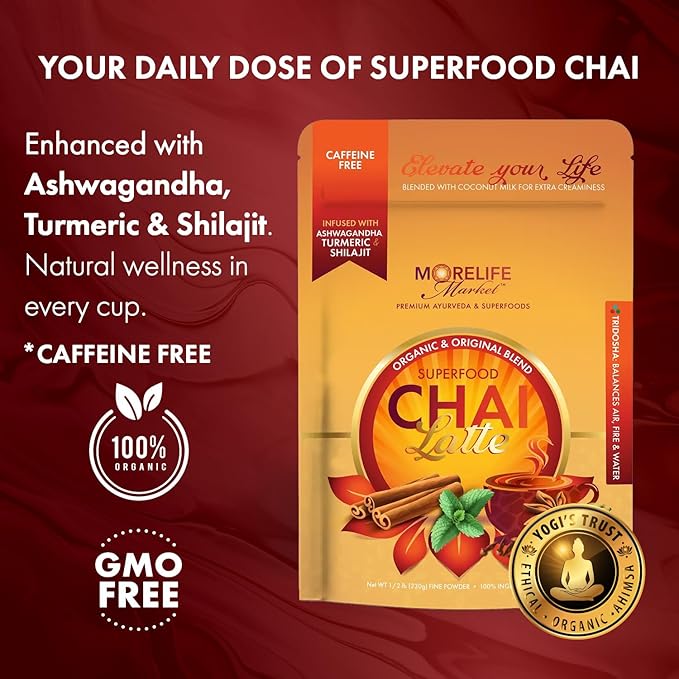 MoreLife Market Premium Superfood Chai Latte Tea | Caffeine-Free Ayurvedic Tea Powder for Immunity & Energy | Organic Turmeric & Shilajit Blend | Vegan, Non-GMO, Gluten-Free | 40+ Servings - 8oz