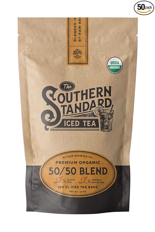 The Southern Standard - Premium Organic Iced Tea Bags - 50/50 Blend (50% Black, 50% Green and White), 50 XL Bags (1/2 Pound. Makes 25 Gallons.)