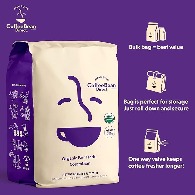 Coffee Bean Direct Organic Fair Trade Colombian, Whole Bean Coffee, Light Roast, 5 Pound Bag (Pack of 1)