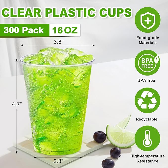 SIUQ 300 Pack 16 oz Clear Plastic Cups, 16 Ounce Disposable Cold Drinking Cups for Party, Picnic, Wedding, BBQ, Travel, Christmas, Halloween, Events