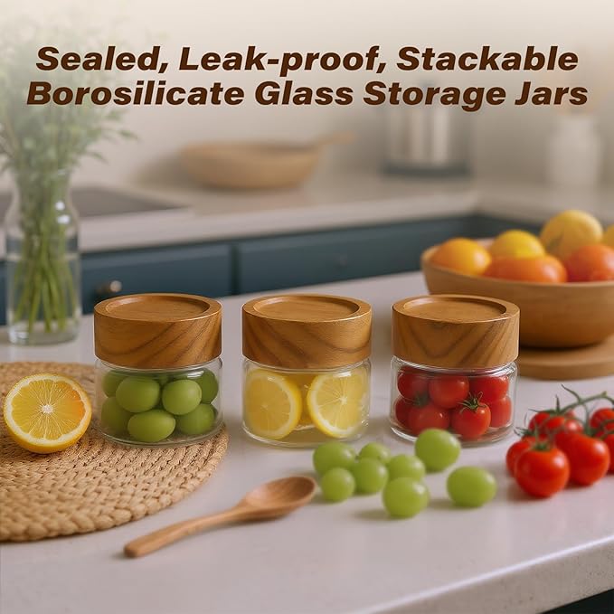 2-Pack 4 oz Leakproof Mason Jars with Airtight Acacia Wood Lids - Small Glass Food Storage Containers for Overnight Oats, Spices, Snacks, Kitchen Pantry Organization